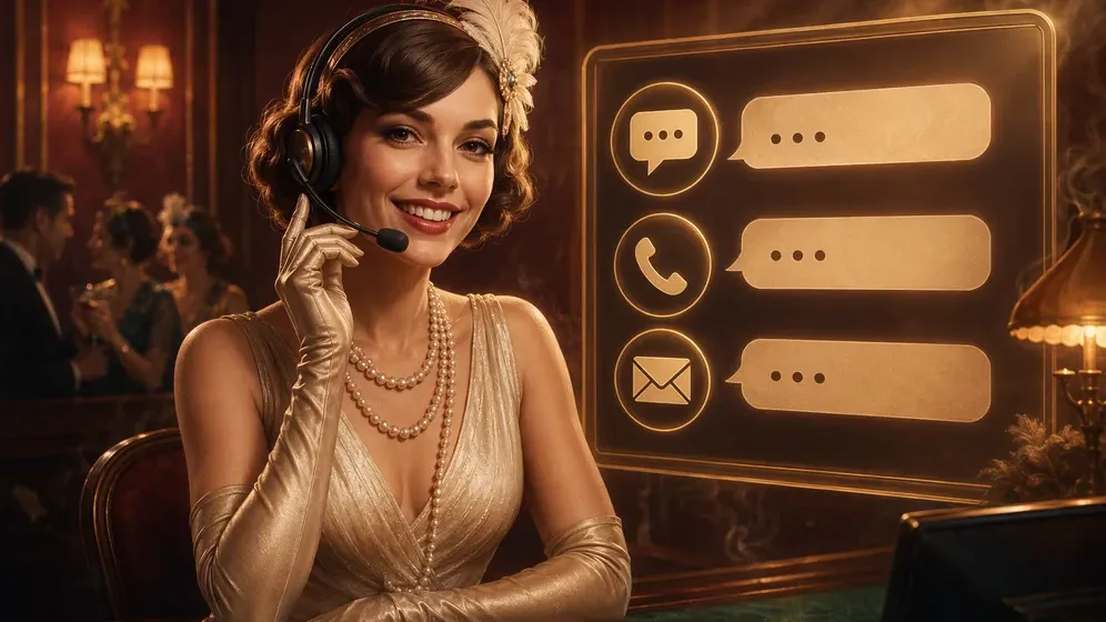 Support-Agent am Headset vor Chat-Fenster